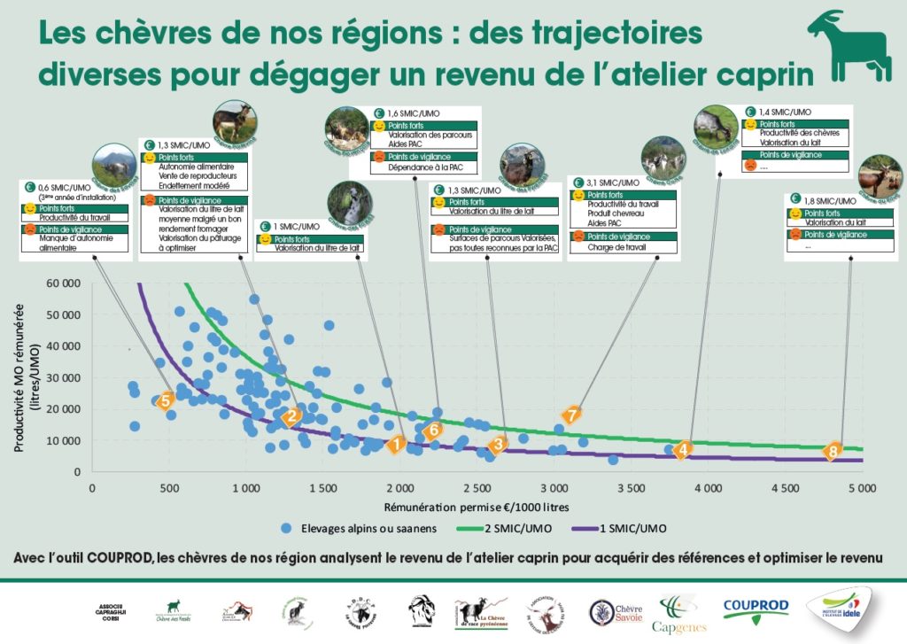 Le système d’élevage doit être pensé et réfléchi en cohérence avec le lieu, les investissements nécessaires et les objectifs techniques et économiques de l’éleveur. Le temps de travail ne doit pas être négligé non plus car ce sont trois compétences que l’éleveur doit maîtriser : l’élevage, la transformation et la commercialisation. L’objectif de production doit enfin être en adéquation avec la race choisie : inutile d’espérer une lactation de plus de 1 000 litres de lait en race locale… Mais d’autres atouts permettent de construire un revenu y compris avec des troupeaux de petite taille. Ainsi, la rusticité et l’autonomie alimentaire permise par le pâturage permettent des économies de fonctionnement (charges d’alimentation, frais vétérinaires, renouvellement moindre grâce à des carrières longues, …). Et parallèlement, la très bonne valorisation des produits (fromages fermiers mais aussi yaourts, savons et produits carnés, généralement écoulés en circuits courts) assure une rémunération tout à fait similaire aux résultats des systèmes fromagers en alpine et saanen suivis dans le cadre des réseaux de références technico-économiques